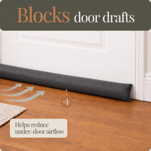 Draft stopper sealing the gap under a white door, with arrows showing cold air blocked at floor level.