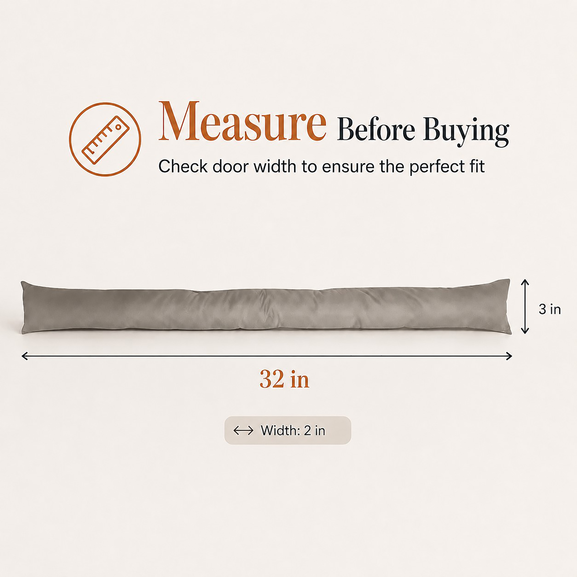 Draft stopper with measurements labeled: 32 inches long, 3 inches high, 2 inches wide.