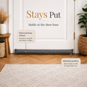 Draft stopper held at the base of a white door by a hook-and-loop strip so it does not slide.