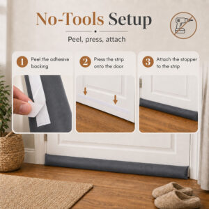 Three install steps: peel the adhesive backing, press the strip on the door, attach the stopper.