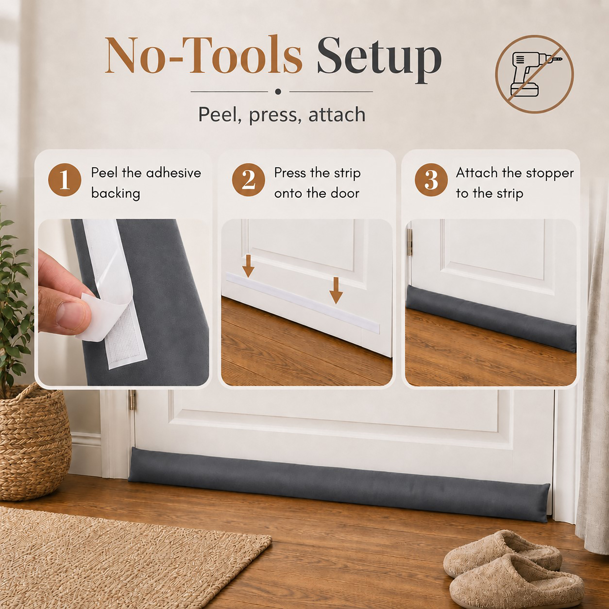 Three install steps: peel the adhesive backing, press the strip on the door, attach the stopper.