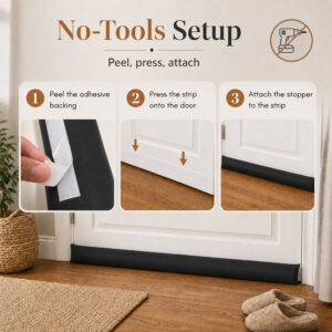 Three install steps: peel the adhesive backing, press the strip on the door, attach the stopper.