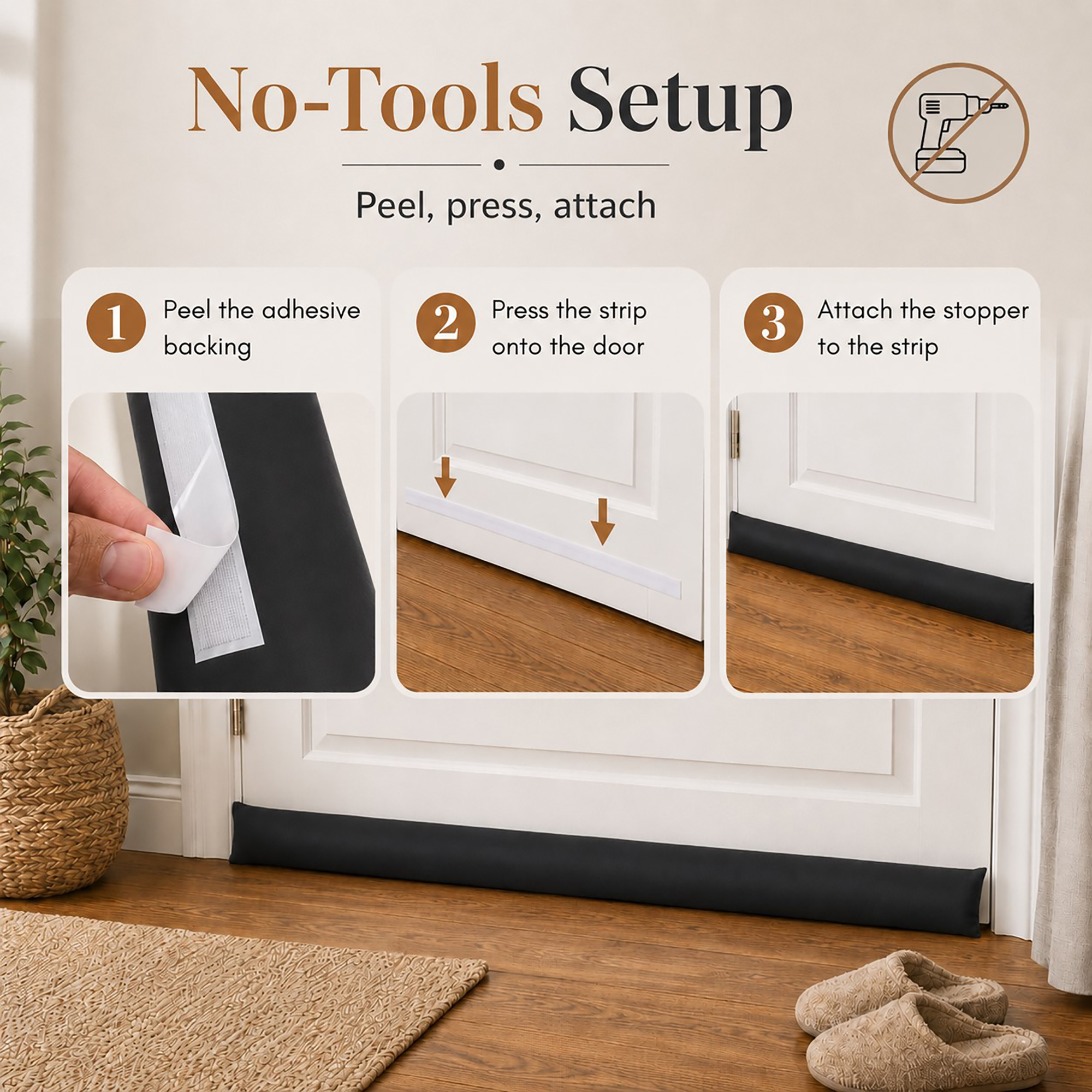 Three install steps: peel the adhesive backing, press the strip on the door, attach the stopper.