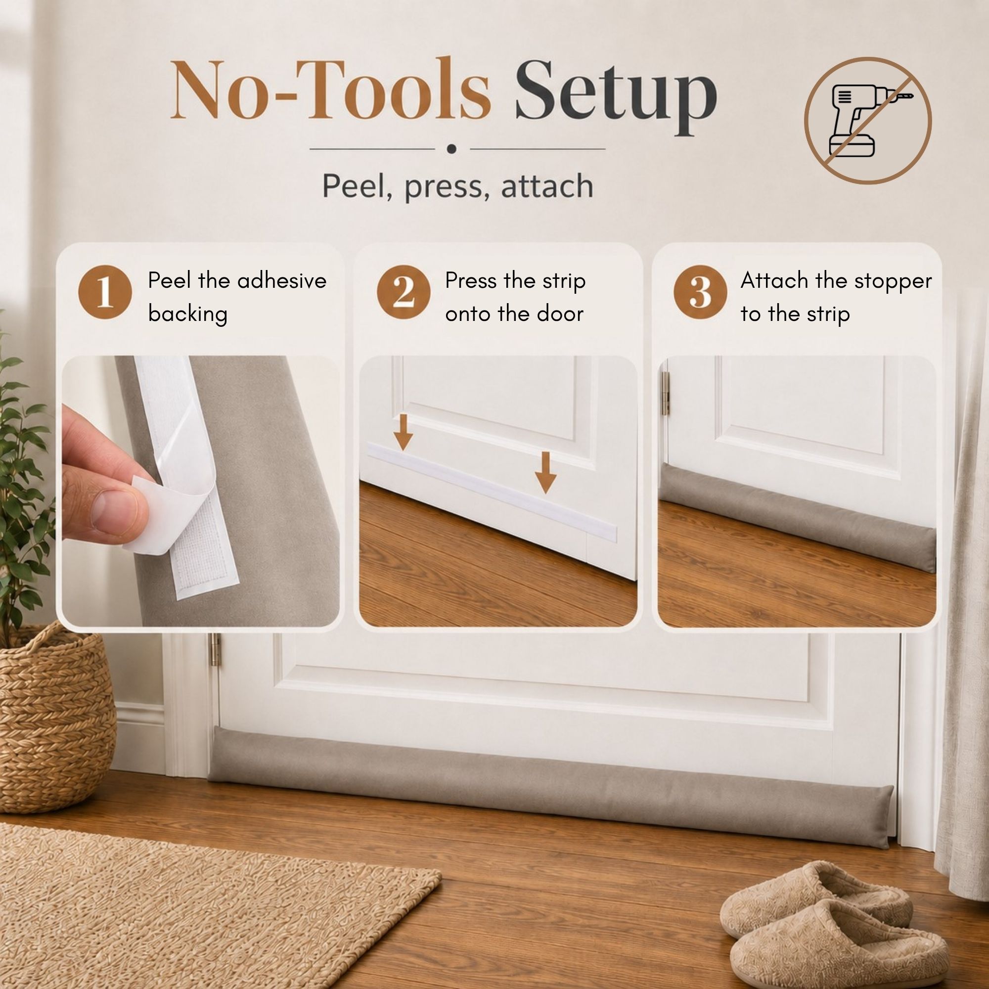Three install steps: peel the adhesive backing, press the strip on the door, attach the stopper.
