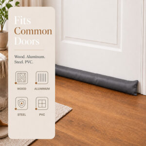 Draft stopper at a white door base, with icons for wood, aluminum, steel and PVC door compatibility.