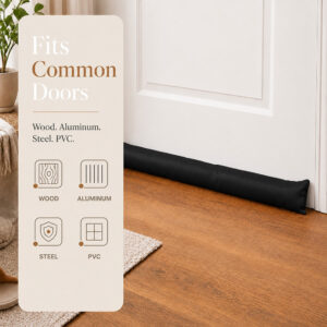 Draft stopper at a white door base, with icons for wood, aluminum, steel and PVC door compatibility.