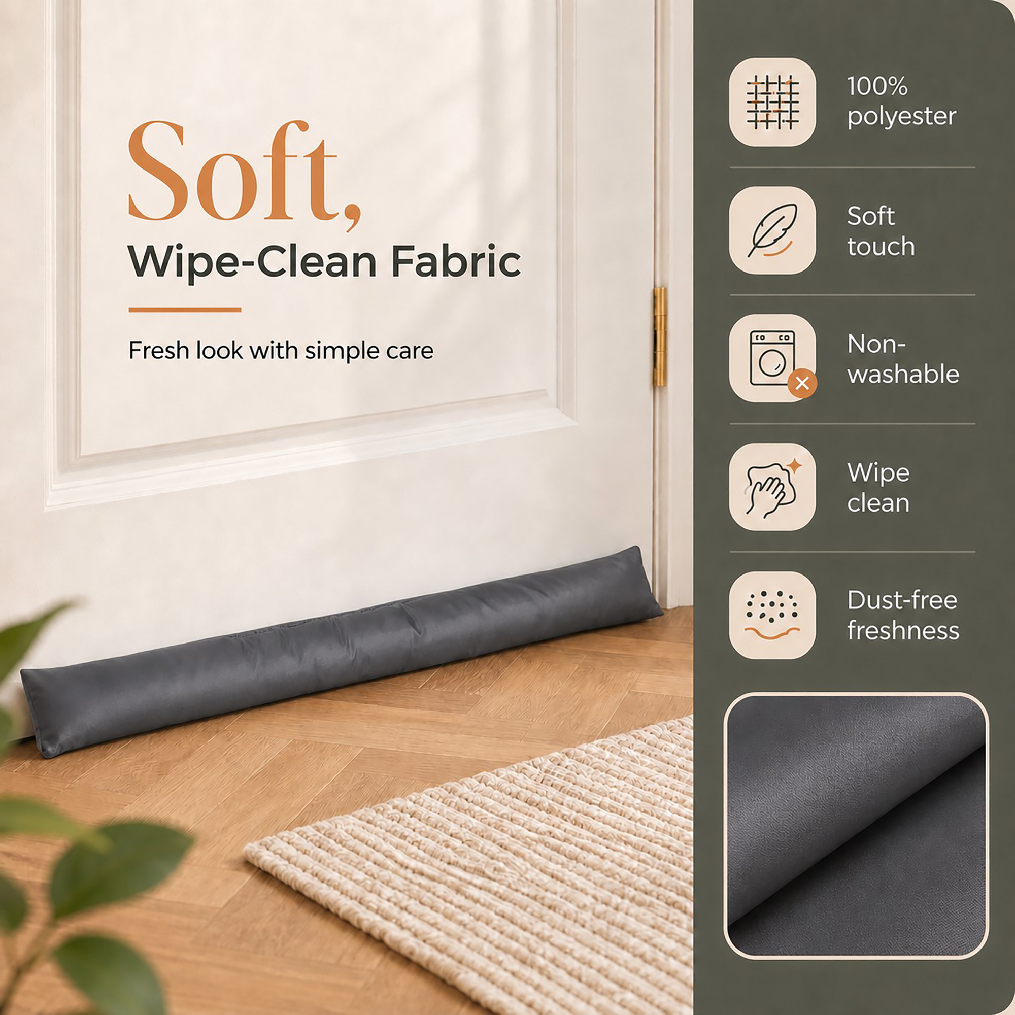 Close-up of the gray polyester cover, with icons for soft touch, wipe-clean care and everyday upkeep.