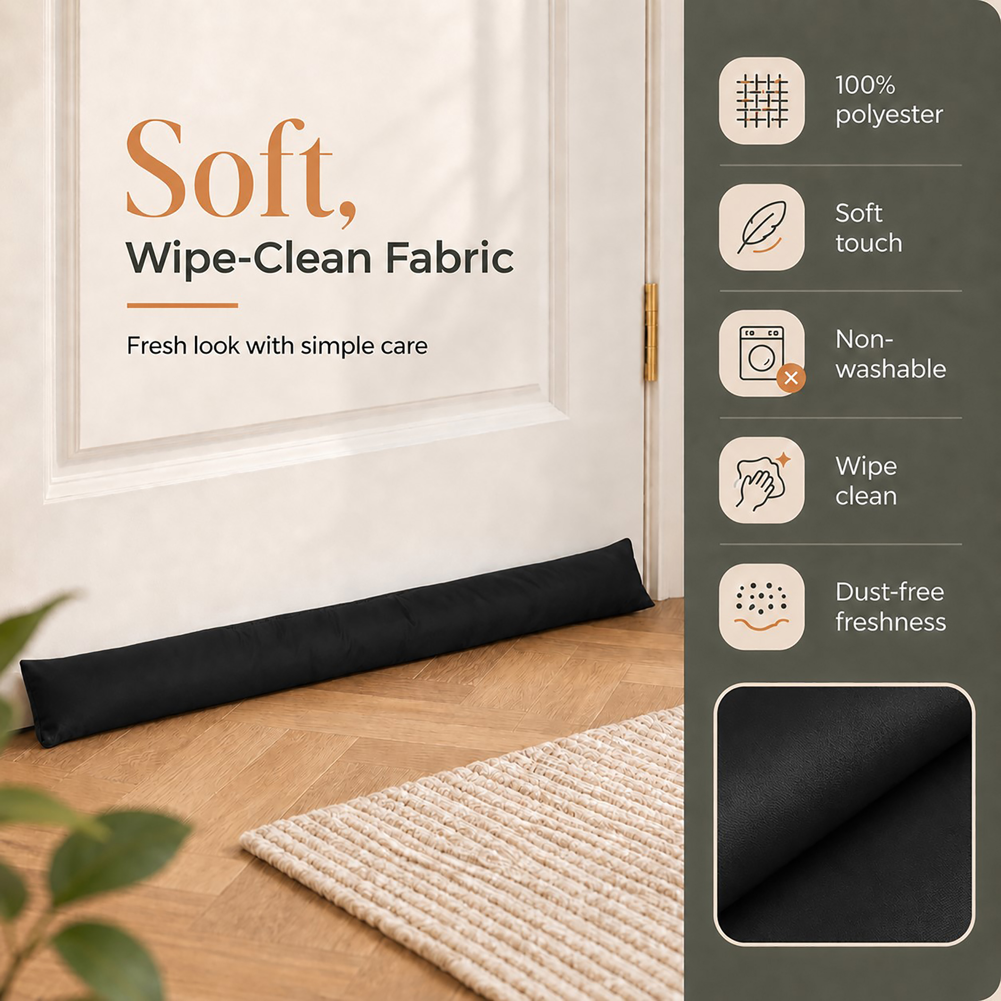 Close-up of the black polyester cover, with icons for soft touch, wipe-clean care and everyday upkeep.