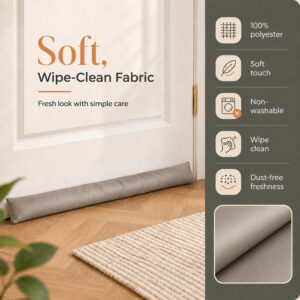 Close-up of the beige polyester cover, with icons for soft touch, wipe-clean care and everyday upkeep.