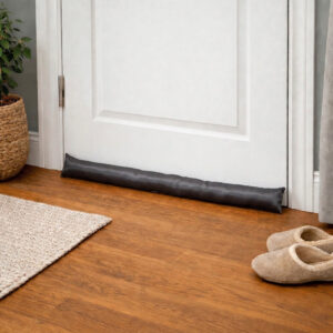 Draft stopper at a bedroom door base on wood flooring, next to a woven rug and a pair of slippers.