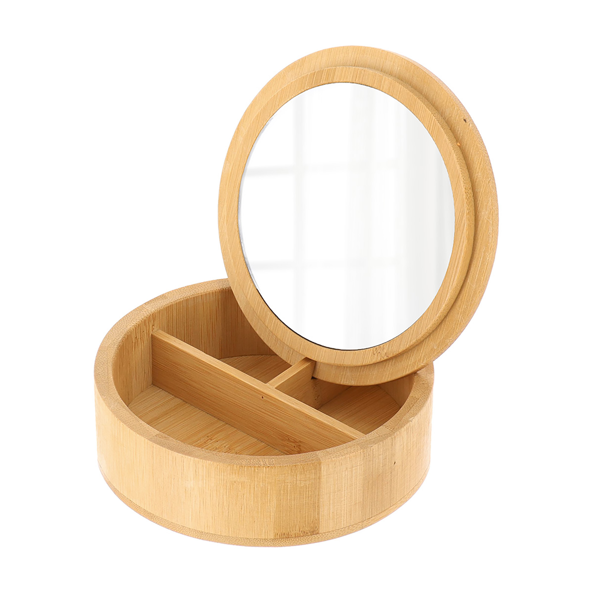 Round bamboo storage box open, showing mirror lid and three interior compartments