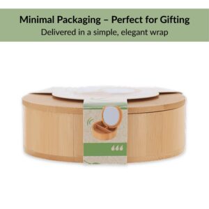 Round bamboo storage box in minimal gift-ready packaging wrap