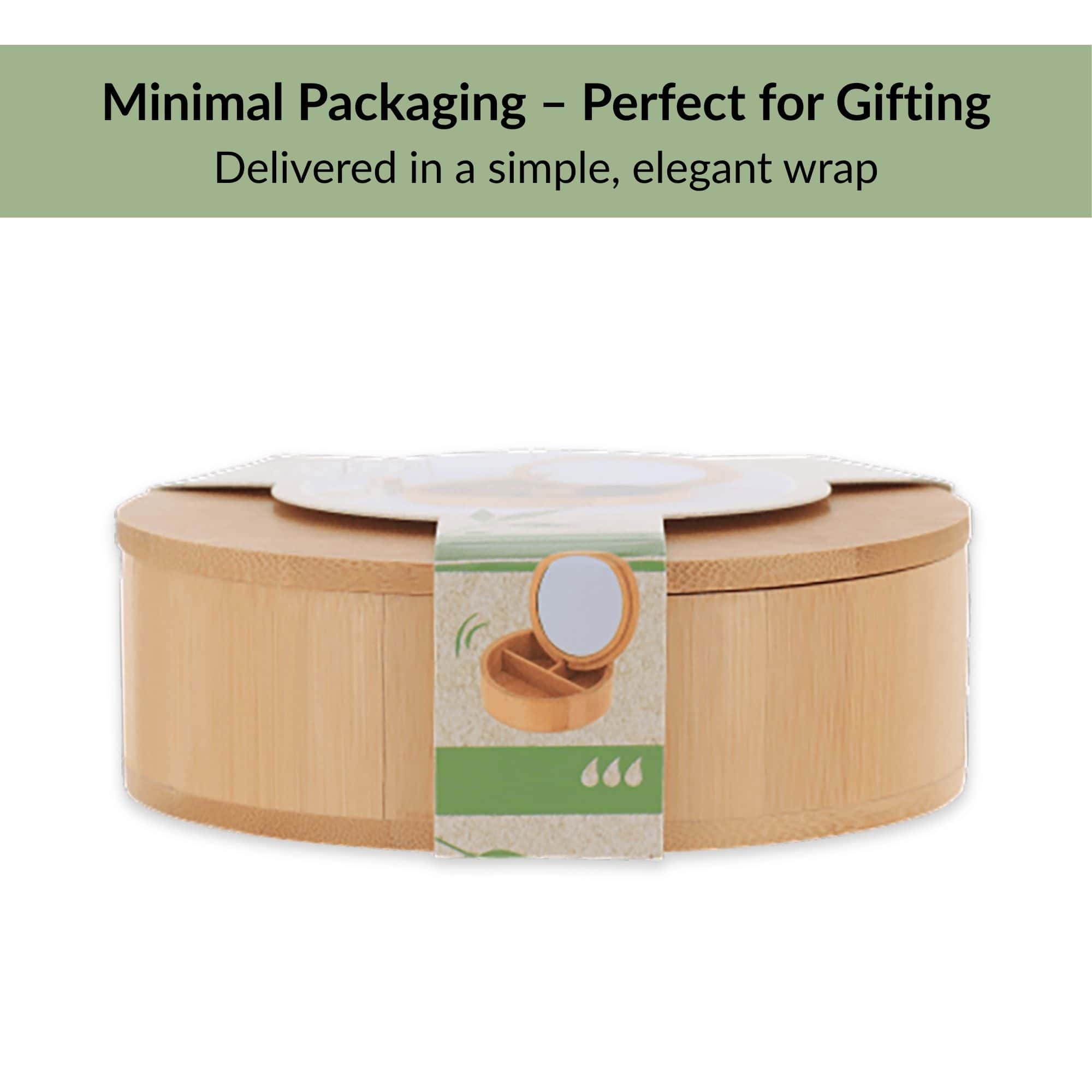 Round bamboo storage box in minimal gift-ready packaging wrap