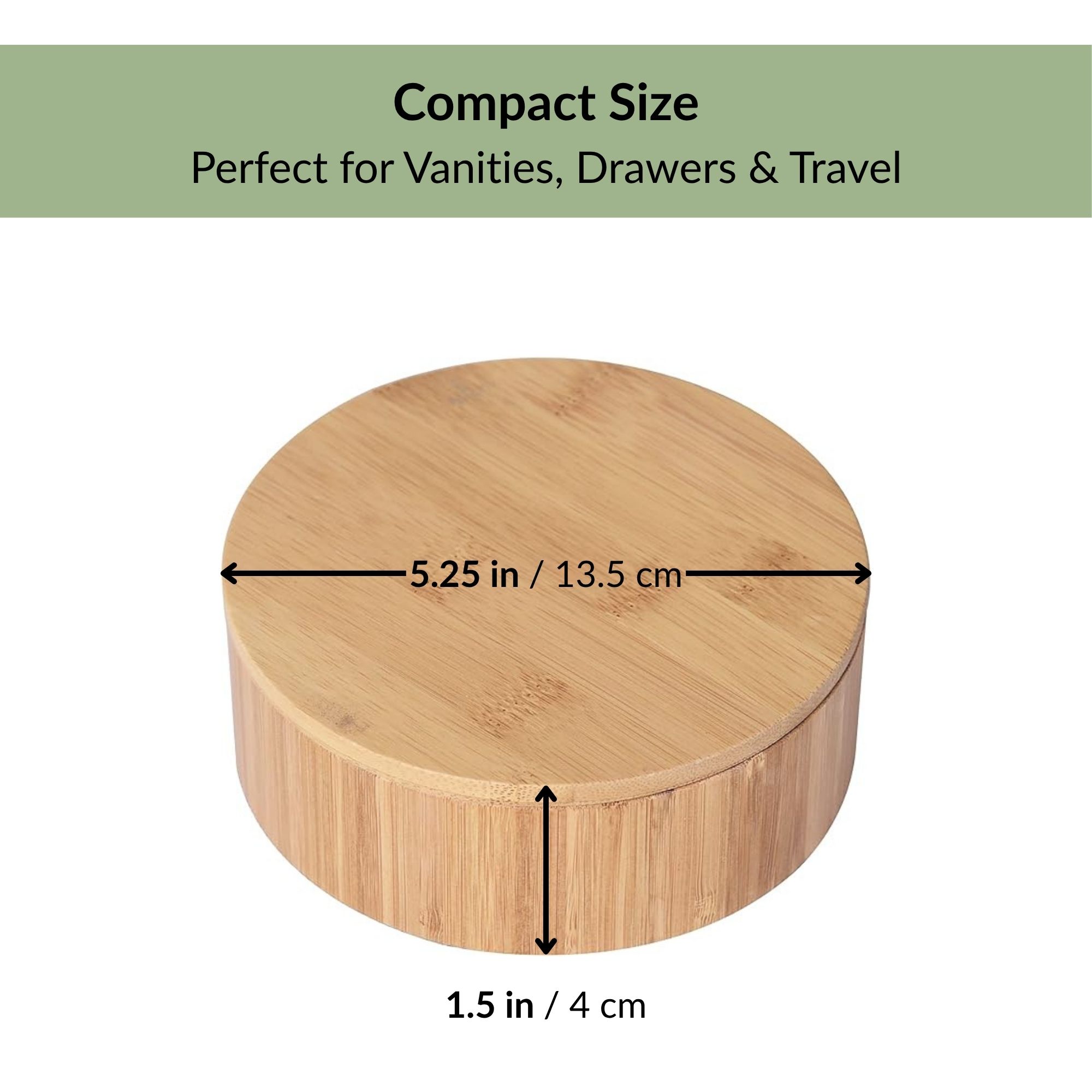 Closed round bamboo box showing dimensions: 5.25 in diameter, 1.5 in tall