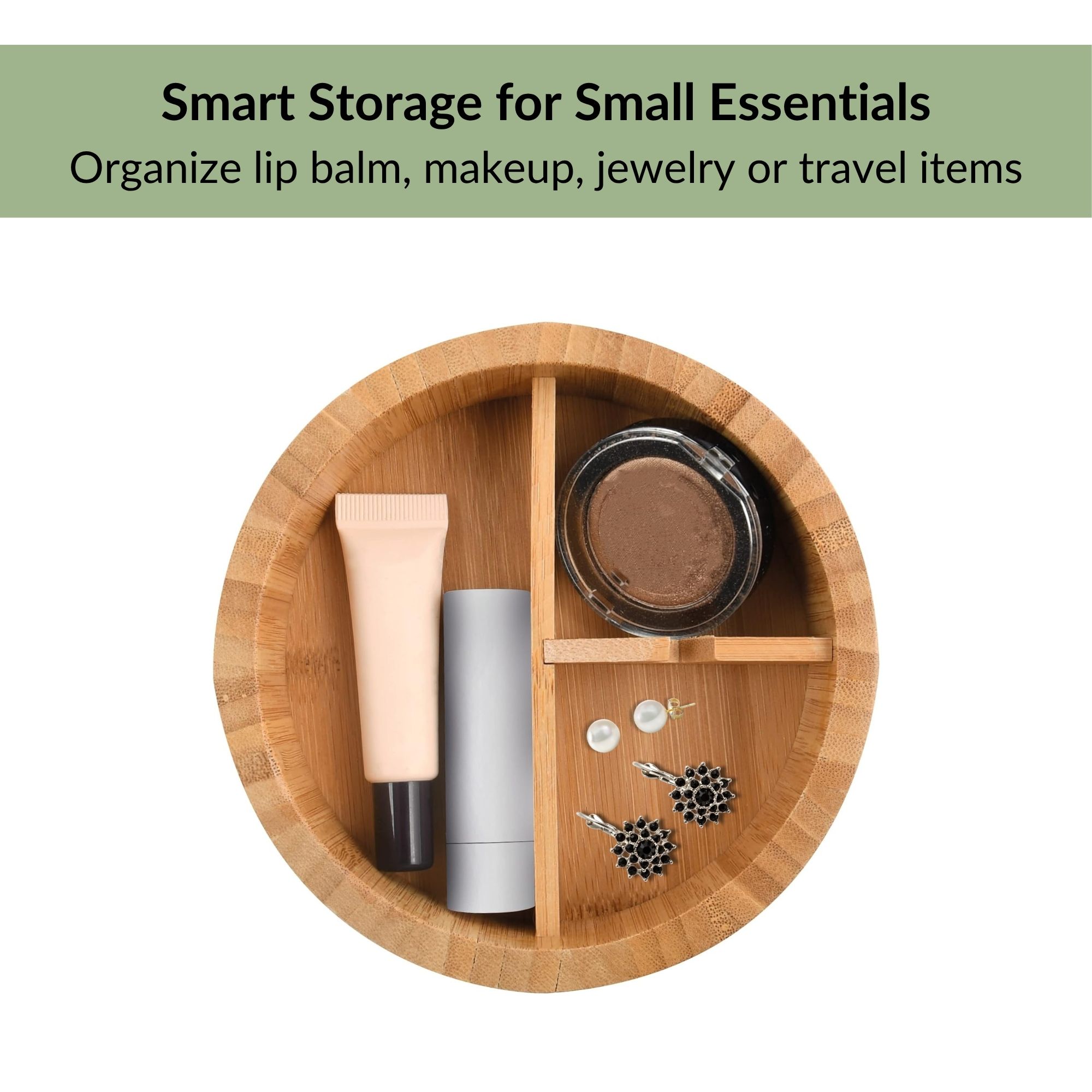 Top-down view of bamboo box compartments holding makeup and jewelry items
