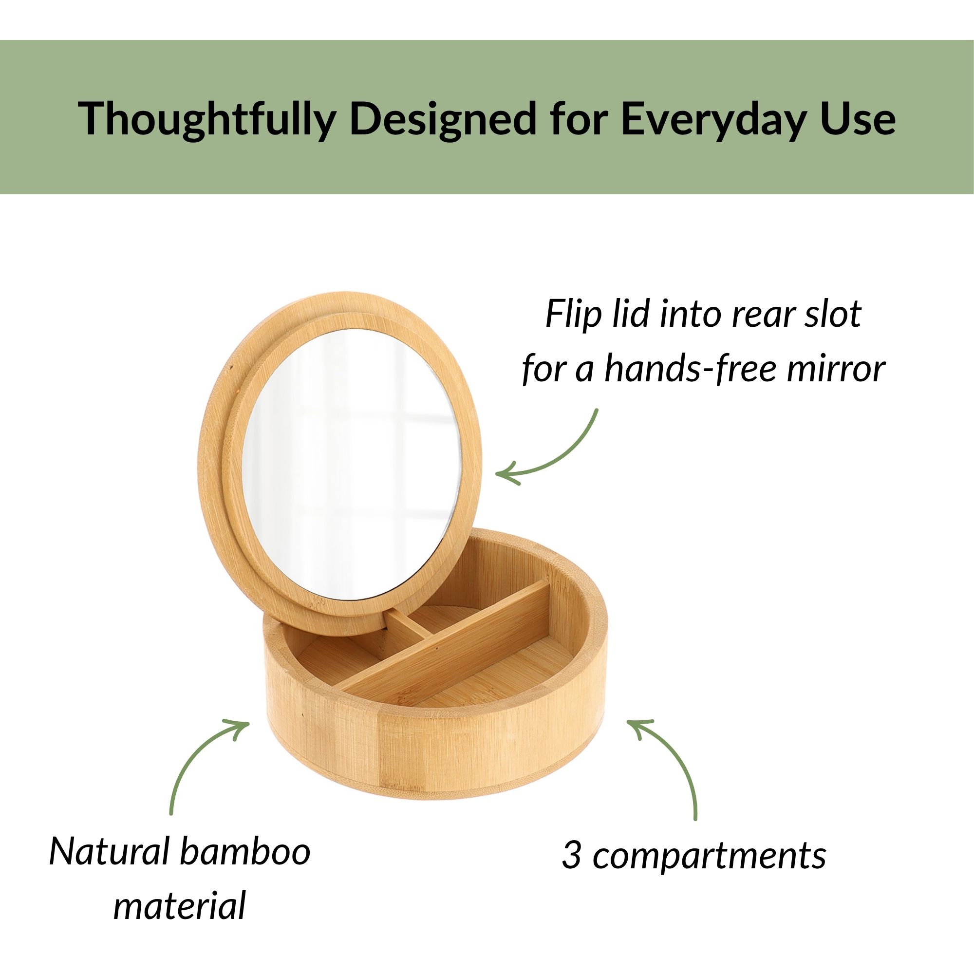 Open bamboo box with annotations highlighting mirror lid, bamboo material, and 3 compartments