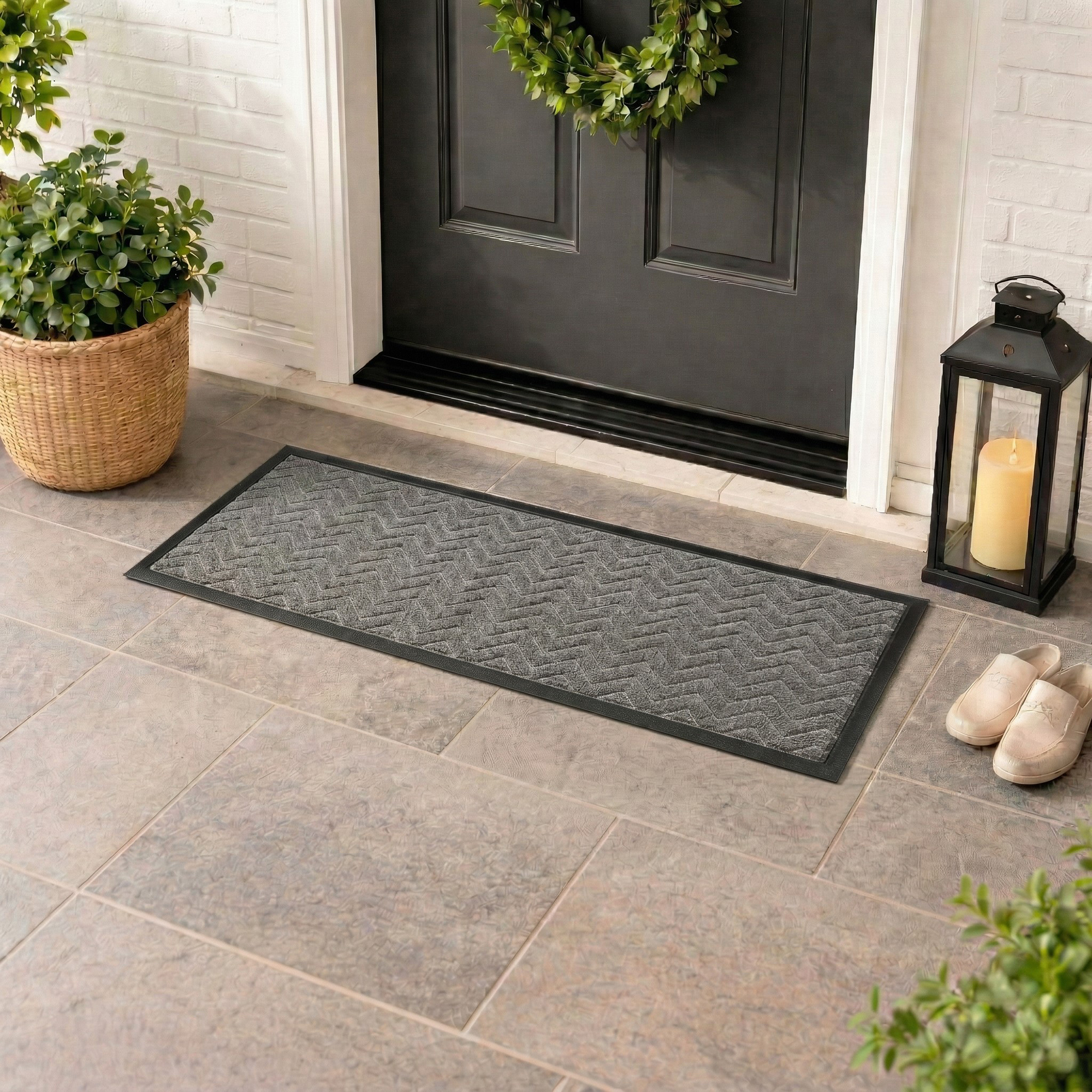 Light gray runner doormat at front door covered porch lifestyle