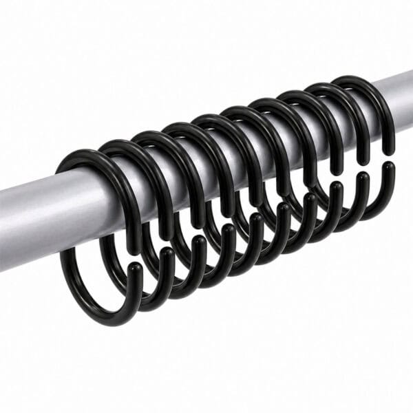 Black plastic shower curtain hooks arranged on metal rod showing slim curved shape and smooth finish