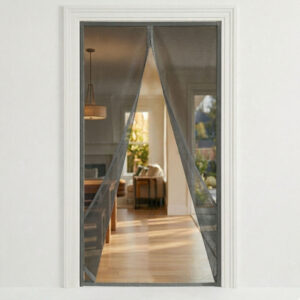 Evideco magnetic screen door installed on standard front door grey mesh open showing living room interior