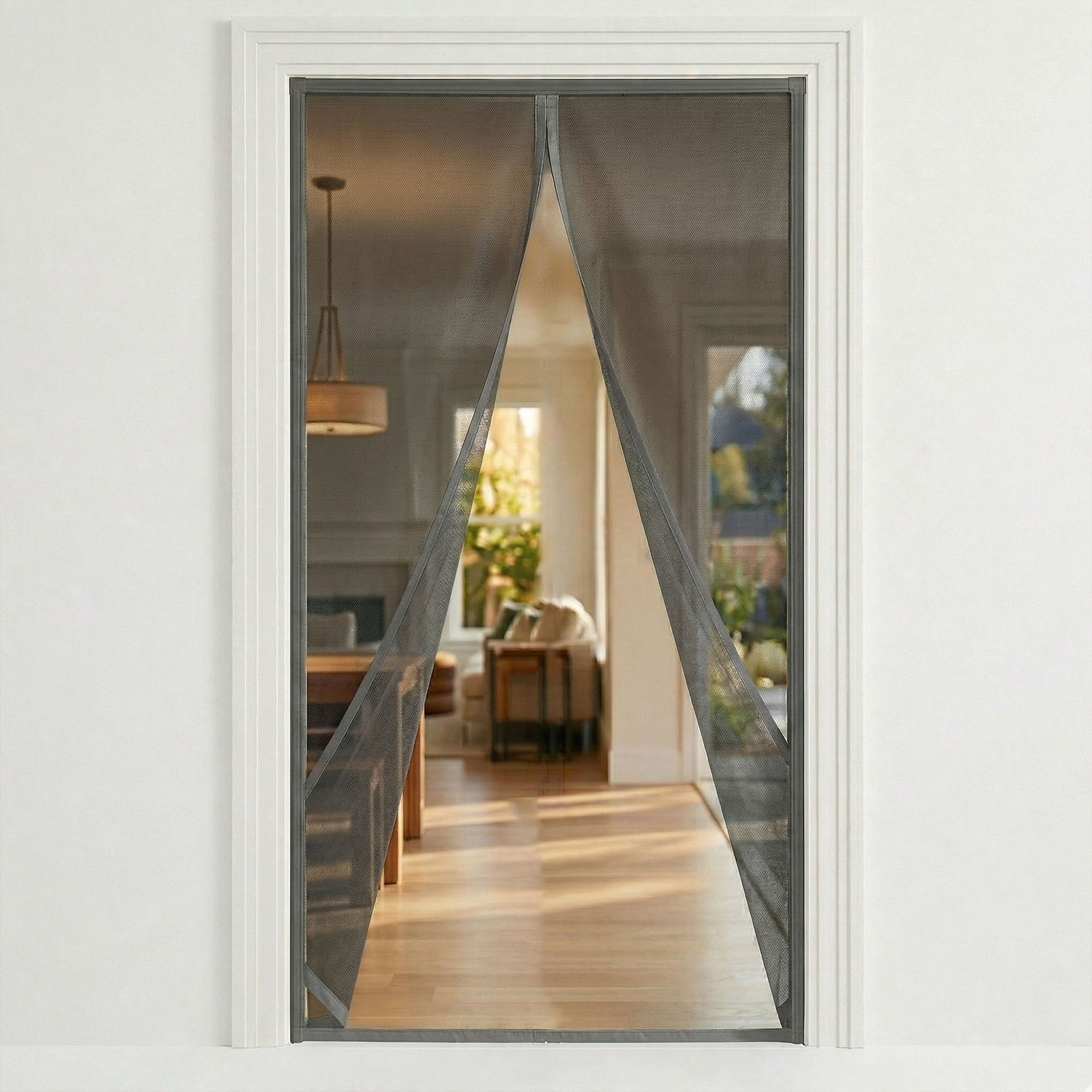 Evideco magnetic screen door installed on standard front door grey mesh open showing living room interior