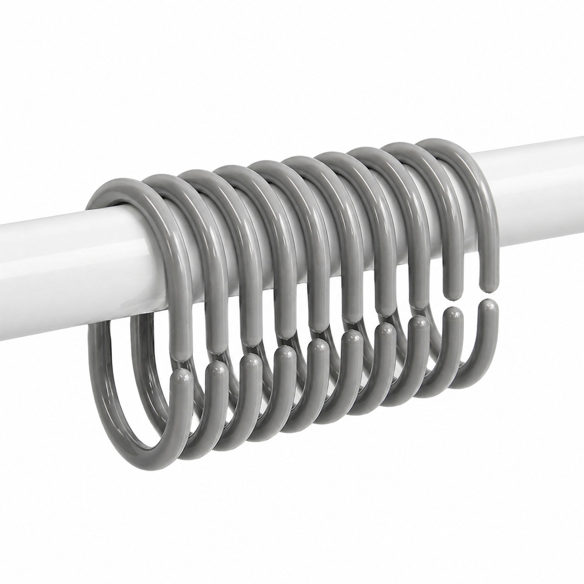 Glossy gray curtain rings grouped on white rod showing full set alignment