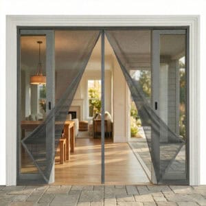 Evideco magnetic screen door for sliding patio doors with rigid PVC frame 118x87 inches, grey fiberglass mesh parted showing warm home interior