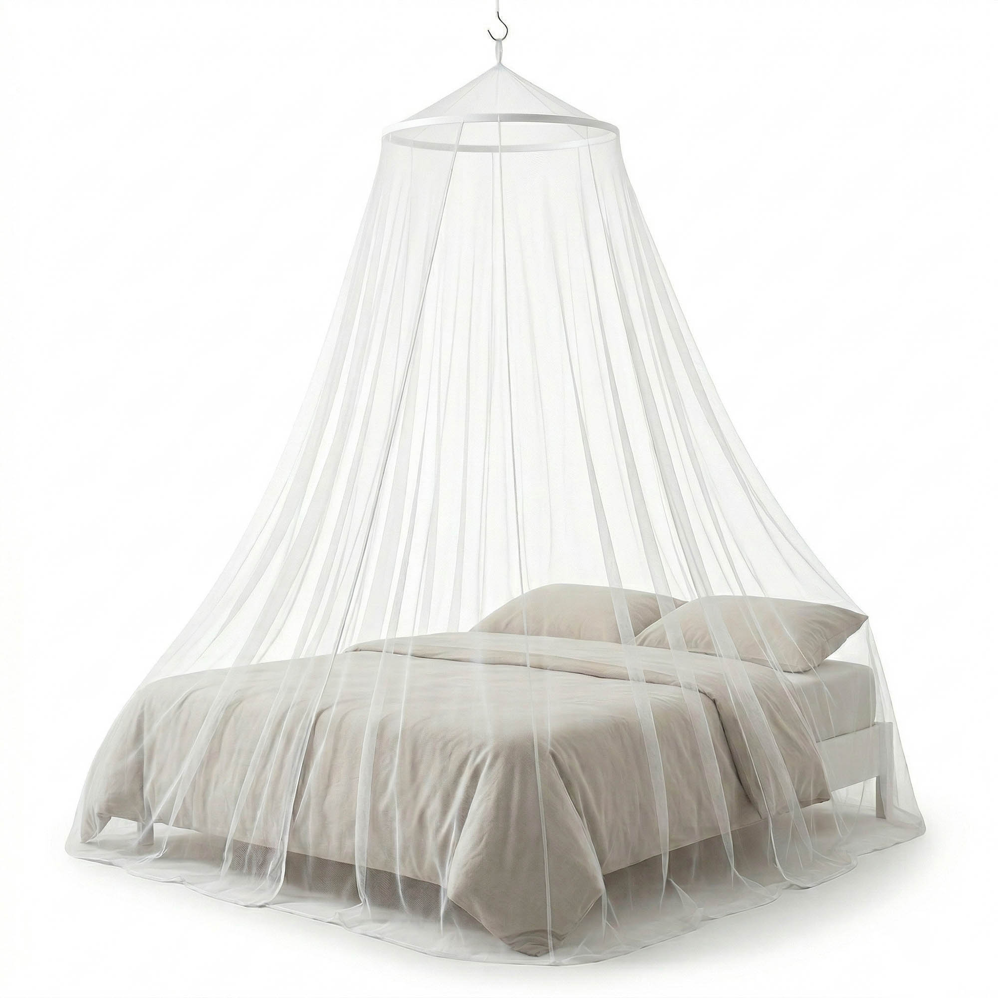 White ceiling-hanging dome mosquito net bed canopy on double bed, single hook, pure white background