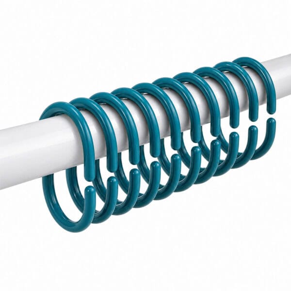 Set of 12 peacock blue shower curtain hooks displayed on white rod showing slim curved design and smooth finish