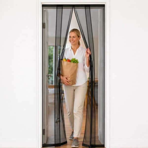 Woman walks hands free through strip fly screen door curtain carrying groceries – 4 fiberglass mesh strips – Evideco