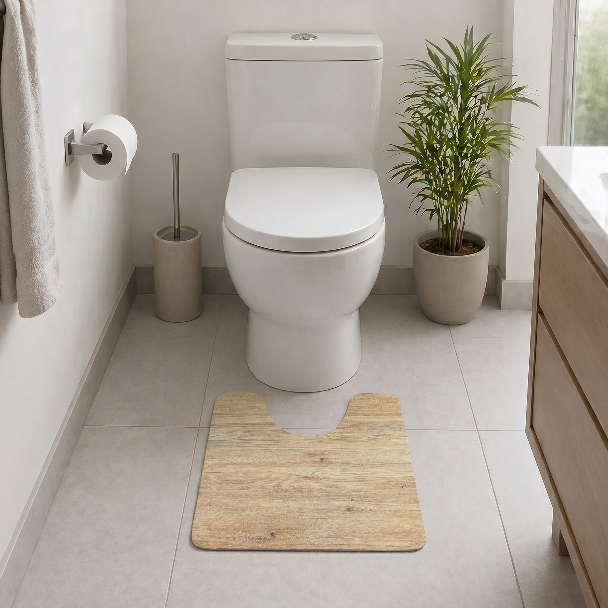 Oak wood grain design detail – farmhouse japandi bathroom – Evideco