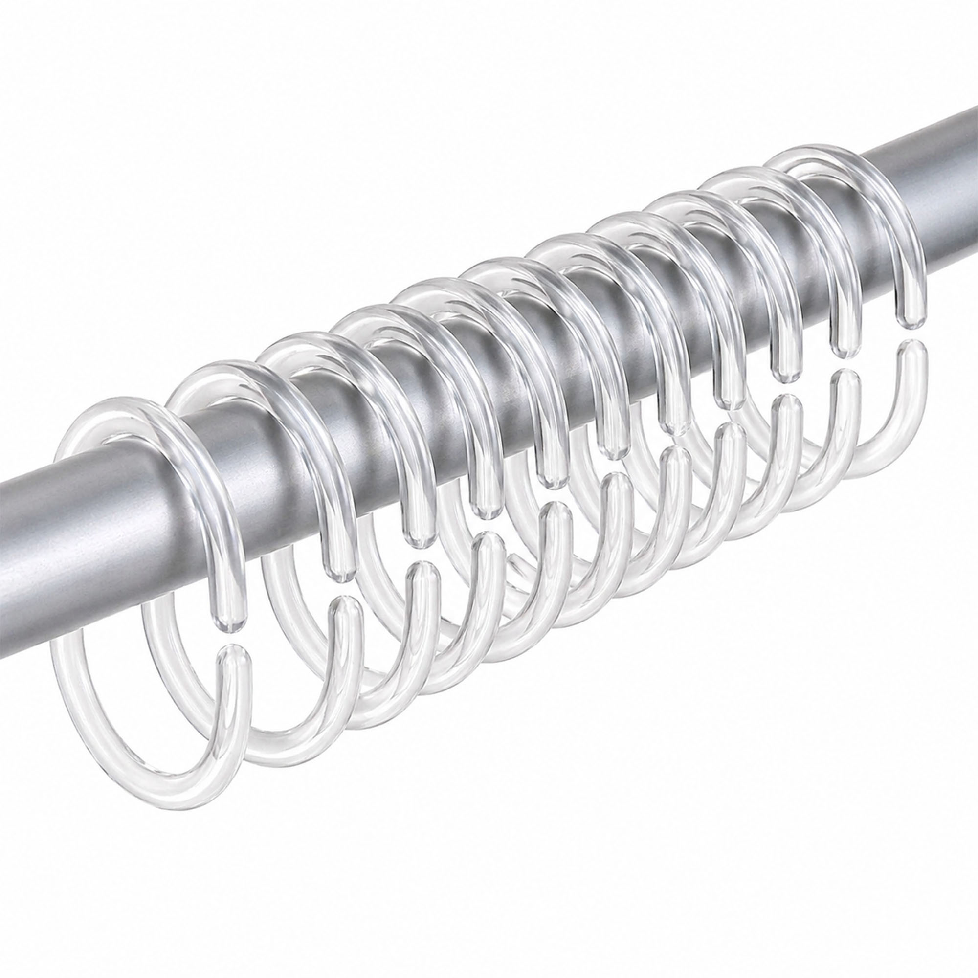 Clear plastic curtain hooks mounted on brushed metal shower rod showing alignment and spacing