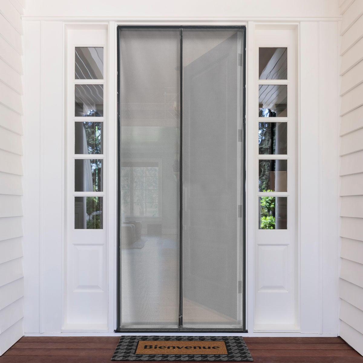 Evideco grey magnetic screen door full view on white house front door with Bienvenue doormat
