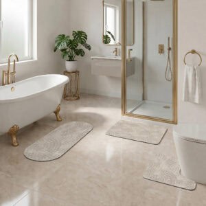 Mosaic Stone 3-piece bath mat set styled in luxury bathroom with clawfoot tub, gold fixtures, and walk-in shower