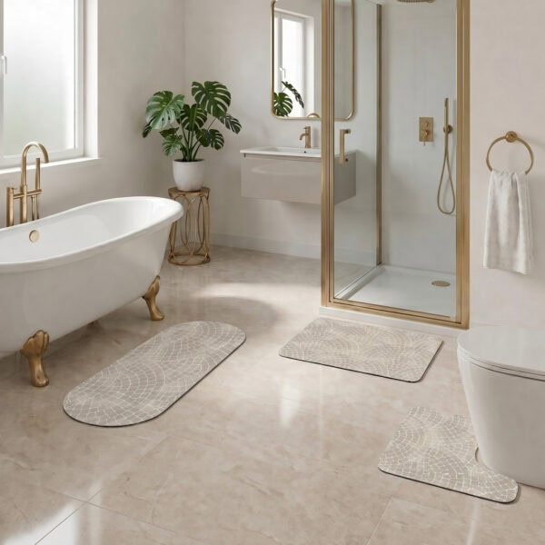 Mosaic Stone 3-piece bath mat set styled in luxury bathroom with clawfoot tub, gold fixtures, and walk-in shower