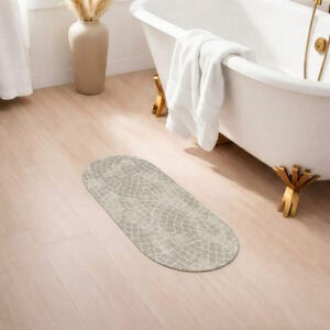 Mosaic Stone bath mat runner in spa bathroom with clawfoot tub and gold accents