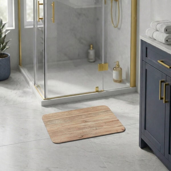 Oak Wood bath mat in modern bathroom with glass shower and navy vanity