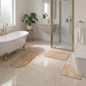 Oak Wood 3-piece bath mat set styled in luxury bathroom with clawfoot tub, gold fixtures, and walk-in shower