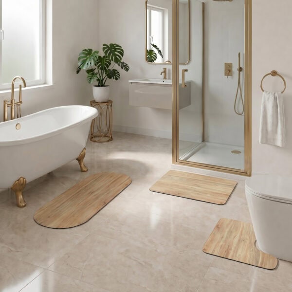 Oak Wood 3-piece bath mat set styled in luxury bathroom with clawfoot tub, gold fixtures, and walk-in shower