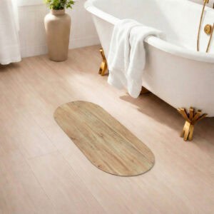 Oak Wood bath mat runner in spa bathroom with clawfoot tub and gold accents