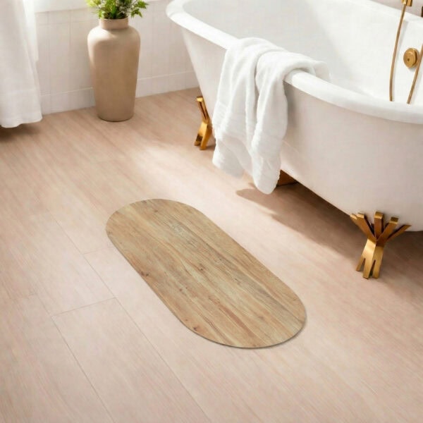 Oak Wood bath mat runner in spa bathroom with clawfoot tub and gold accents
