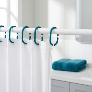 Teal plastic shower curtain hooks installed on white rod holding curtain in bright modern bathroom setting