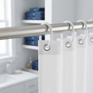 White shower curtain hooks installed with white curtain on metal rod in modern bathroom setting