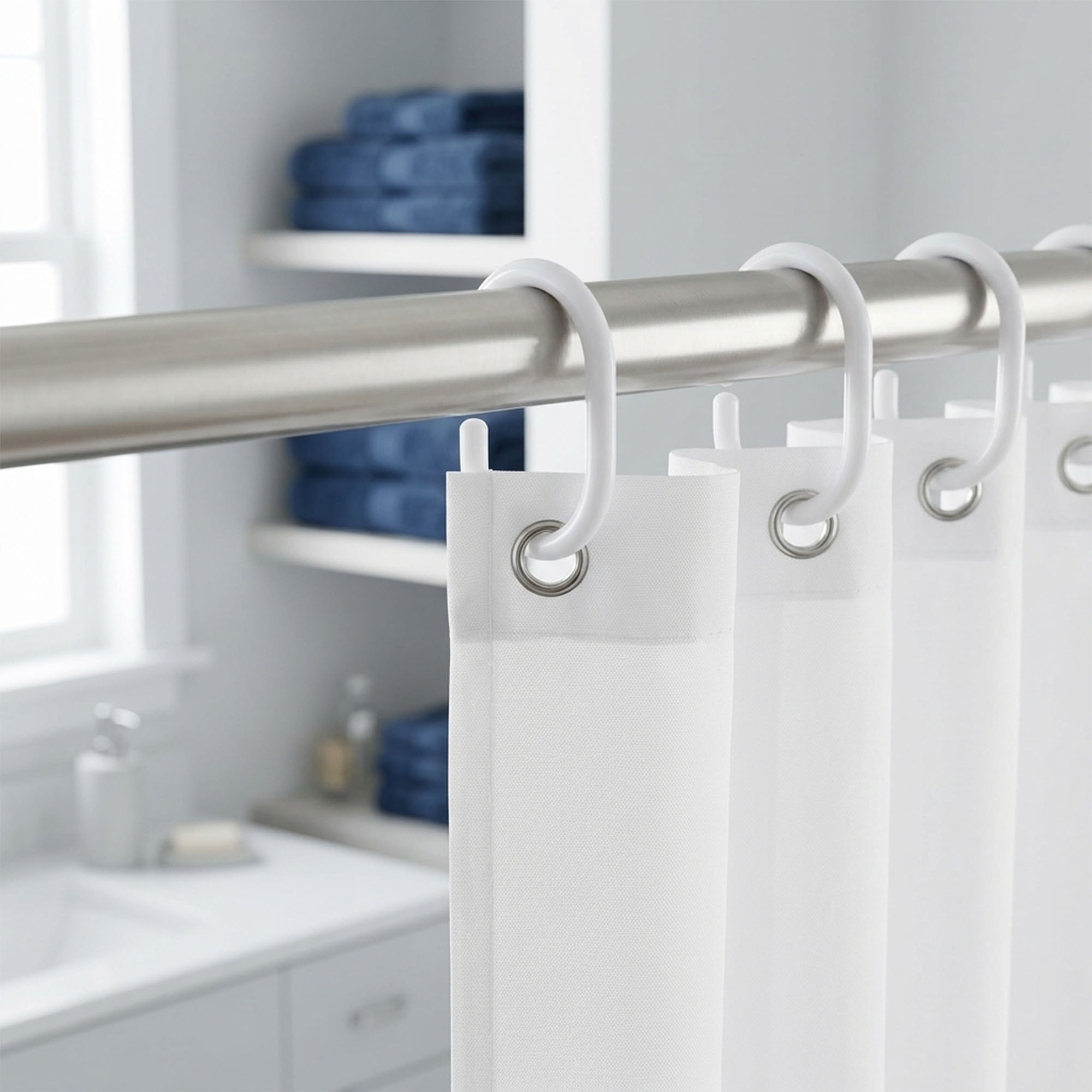 White shower curtain hooks installed with white curtain on metal rod in modern bathroom setting