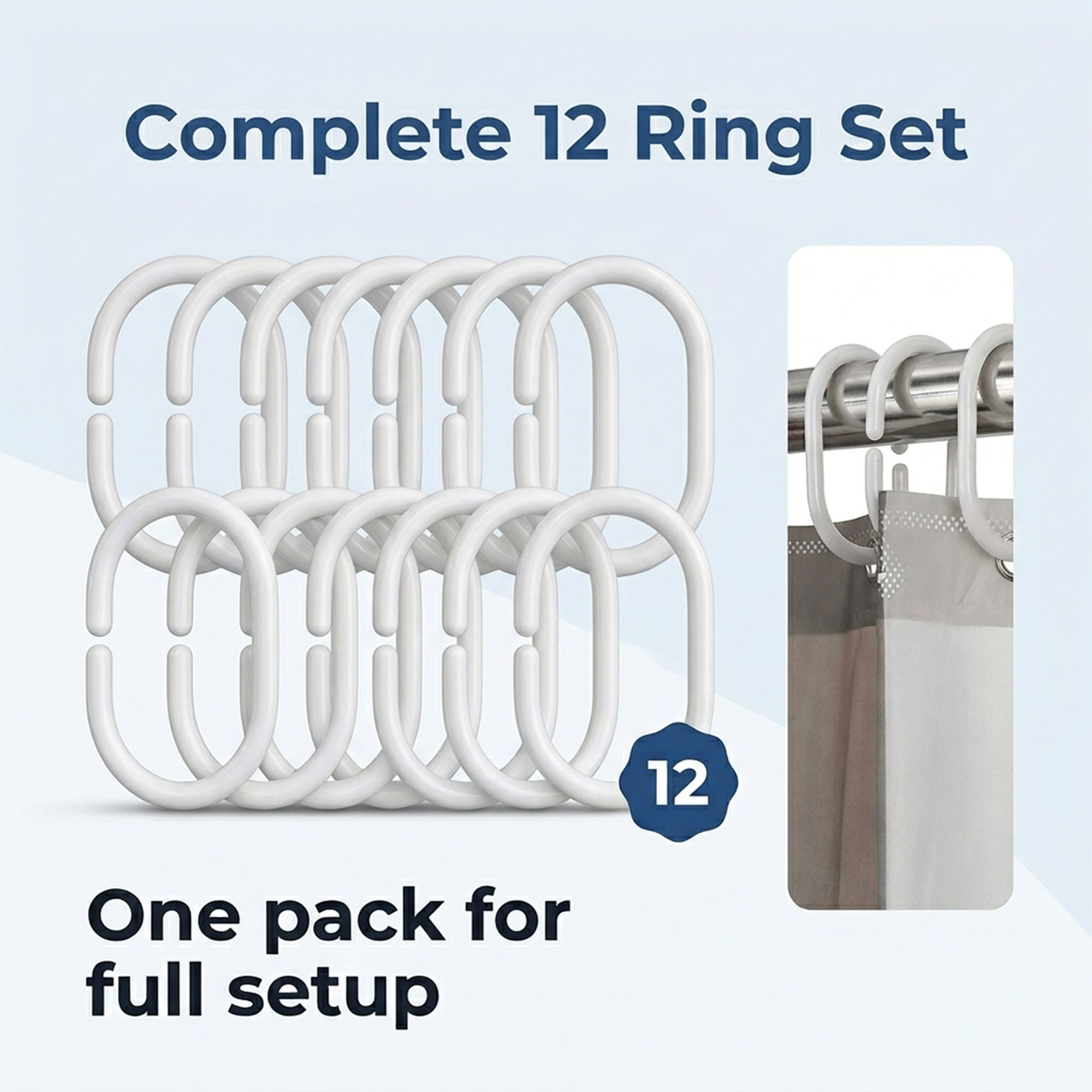 Twelve white shower curtain hooks grouped together showing full set ready for curtain installation