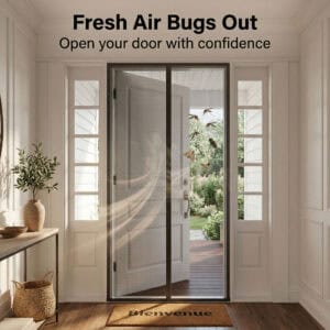 Fresh air bugs out magnetic screen door blocking mosquitoes at standard front door entryway Bienvenue mat