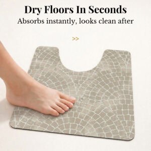 Foot stepping on Mosaic Stone contour mat showing "Dry Floors In Seconds, Absorbs instantly, looks clean after"