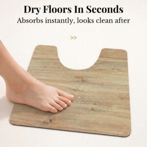 Foot stepping on Oak Wood contour mat showing "Dry Floors In Seconds, Absorbs instantly, looks clean after"