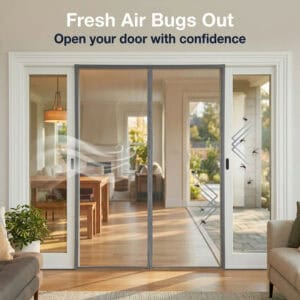 Magnetic screen door 118x87in blocking mosquitoes while allowing fresh air flow, installed on wide sliding patio doors with airflow and bug barrier graphics