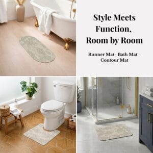 Mosaic Stone bath mat set shown room by room: runner by tub, contour mat at toilet, bath mat by shower, "Style Meets Function, Room by Room"