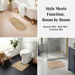Oak Wood bath mat set shown room by room: runner by tub, contour mat at toilet, bath mat by shower, "Style Meets Function, Room by Room"